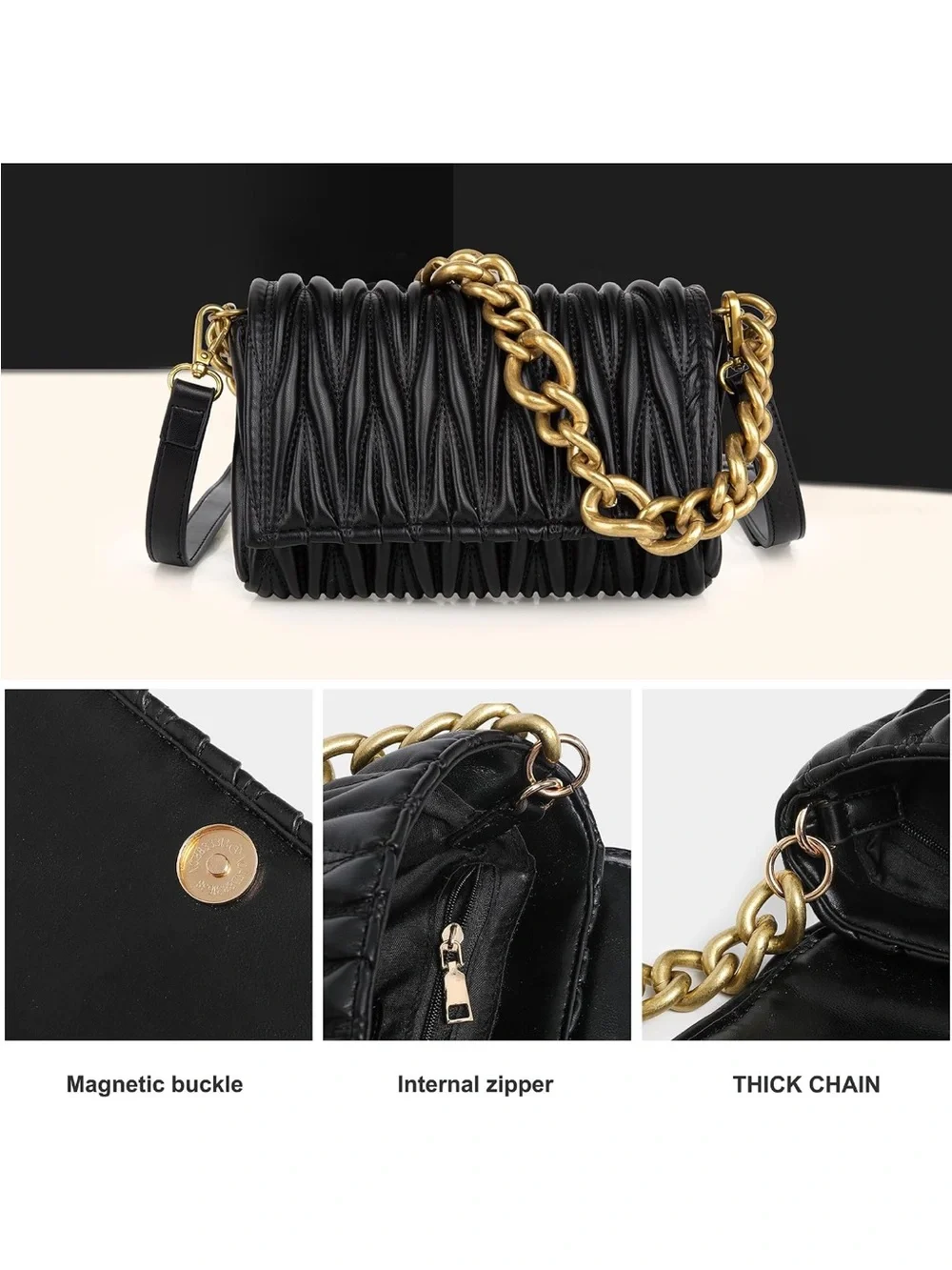 Montana West Black Quilted Leather Shoulder Bag with Gold Chain